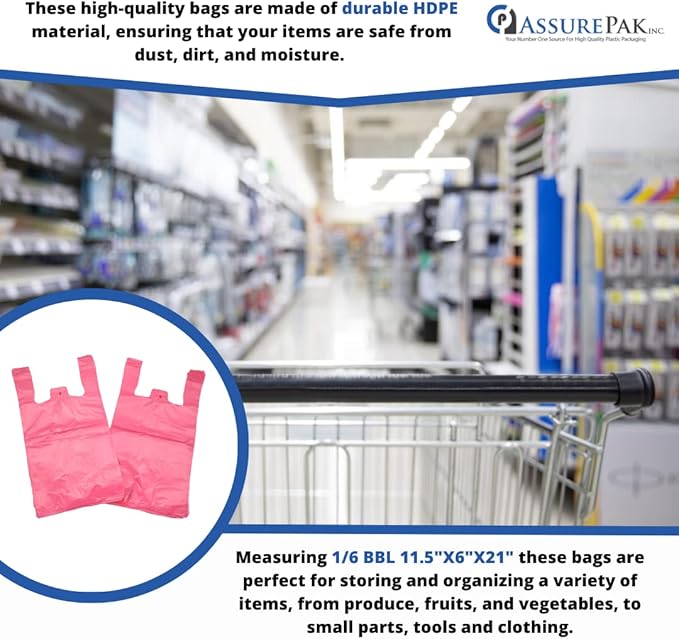 ASSUREPAK Pink HDPE T-Shirt Plastic Bags for Retail, Groceries, Merchandise, Convenience Store, Supermarket, Restaurant - 1/6 BBL, 11.5"X6"X21" - Pack of 1000 Bags, 13 Microns - Unprinted (Pink)