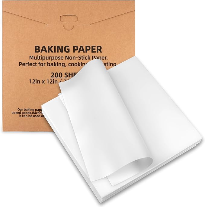 200 Pcs Parchment Paper Baking Sheets, 12"x12" Precut Non-Stick Baking Parchment Paper Sheets Bun Sheet Pan Liners.Baking Grilling Air Fryer Steaming Bread Cup Cake Cookie (White-12"x12")