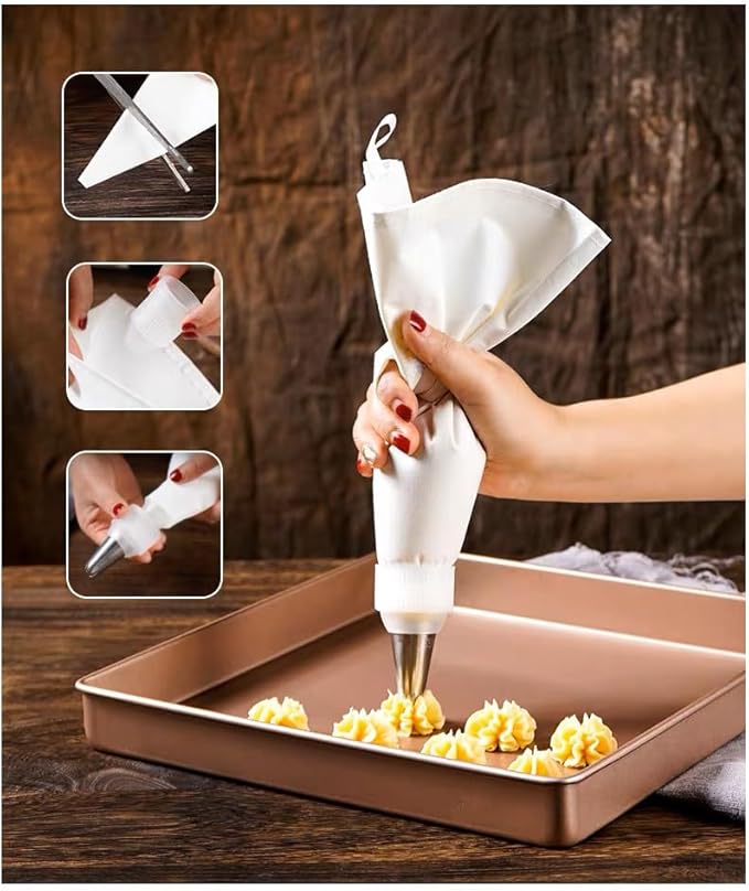 Piping Bags and Tips Set, 14Pcs Cake Decorating Kit with 16 inch Reusable Cotton Pastry Bags, Medium Icing Tips, 2 Couplers, 2 Icing Bags Ties, and Clean Brush