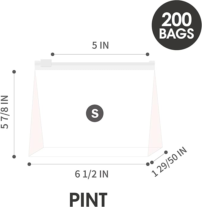 Pint Slider Storage Bags- 200 Count, Featuring Expandable Bottom, Zero BPA, Microwave-Safe(8 boxes of 25)