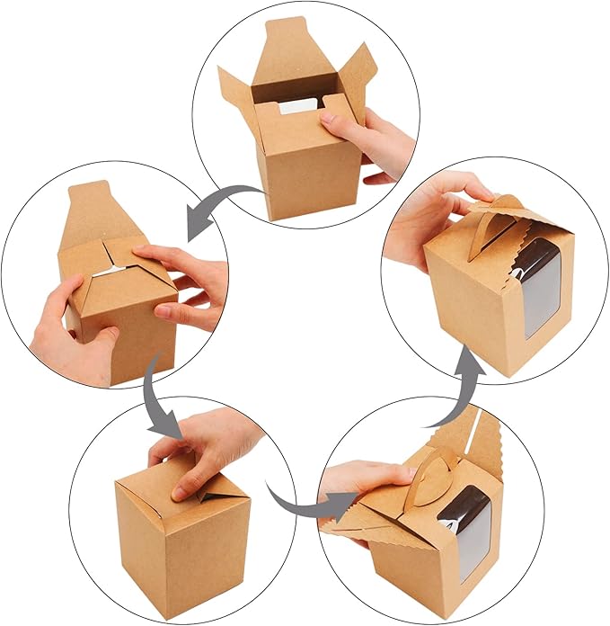 EUSOAR Cupcake Boxes Kraft Paper, 50pcs Portable Single Individual Paper Cupcake Holder Containers,Muffin Gift Boxes with Window Inserts Handle, for Wedding Birthday Party Candy Boxes