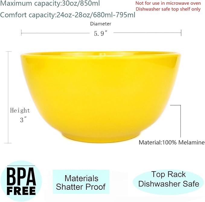 KX-WARE Melamine Bowls set - 28oz 6inch 100% Melamine Cereal/Soup/Salad Bowls, Set of 6 in 6 Assorted Colors | Shatter-Proof and Chip-Resistant Dishwasher Safe, BPA Free