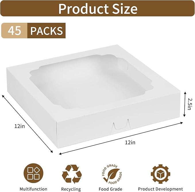 Moretoes 45pcs Pie Boxes 12x12x2.5 Inches White Bakery Boxes with Window for Cookie Cake, Treat, Pie, Pizza, Strawberries, Chocolate, Pastries, Muffins and Donuts