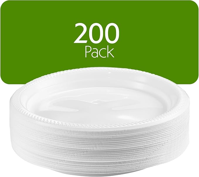 PLASTICPRO 200 PCS White Plastic Round 10'' Inch Plastic Plates Premium Quality Light Weight Disposable Plastic Dishes Dinner Plates for Parties Weddings