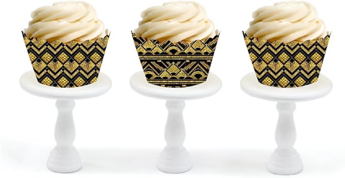 Andaz Press Party Cupcake Wrapper Decorations, Art Deco Black and Gold, 24-Pack, Theme Colored Bulk Cake Supplies