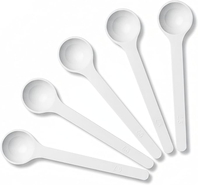 1.5g Plastic Measuring Spoons (3ml) – Pack of 5 Small Scoops for Protein Poweder, Baby Formula, Coffee, Baking, Pet Food – Approx. 3/10 Teaspoon Scoop (tsp)