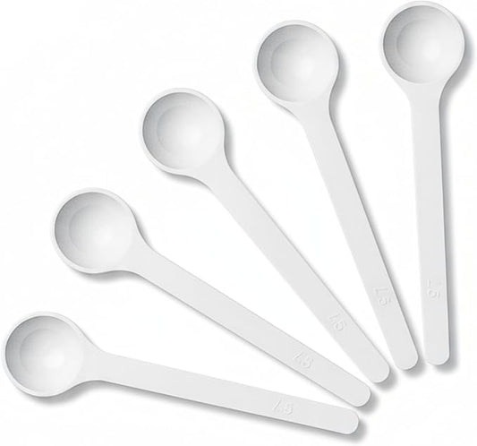 1.5g Plastic Measuring Spoons (3ml) – Pack of 5 Small Scoops for Protein Poweder, Baby Formula, Coffee, Baking, Pet Food – Approx. 3/10 Teaspoon Scoop (tsp)