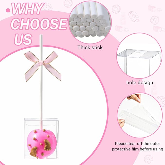 25 Pack Professional Cake Pop Boxes with Holes & 6" Sticks - Food-Safe 1.75 x 1.75 x 2" Clear Plastic Containers for Bakeries & Events
