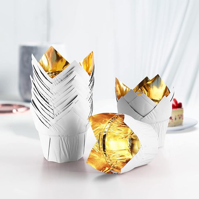 Party Hippo Gold Tulip Cupcake Liners 100 Pcs Baking Paper Cups Holders Greaseproof Muffin Cases Wrappers for Wedding Birthday Party Baby Shower (White)