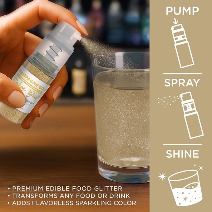 Bakell - Champagne Gold Tinker Dust Edible GLitter (4g, 1x Mini Spray Pump) for Food, Desserts, and Beverages!