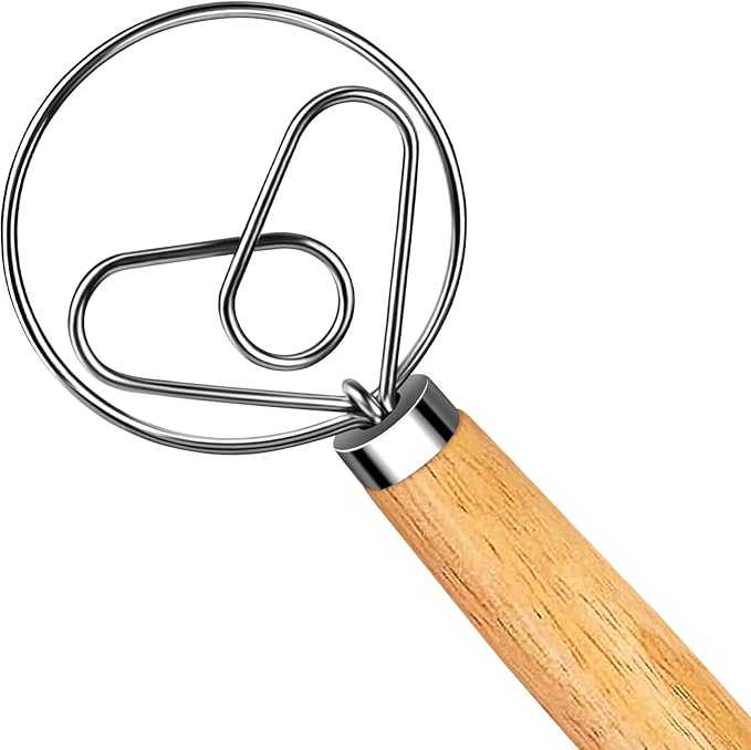 Hand Whisk Stainless Steel Dough Hook Dutch Whisk for Sourdough Bread Dough Mixer Hand Wooden Handle Kitchen Whisking Mixing Tool Bread Making Tools (Love heart shape)