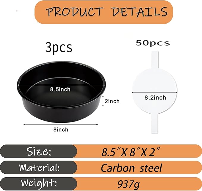8" Round Nonstick Cake Pan Set, 3 Piece Carbon Steel Solid Bottom Baking Molds, Oven Safe - Contains 50 Sheets of Oil Paper, Essential for Home Baking with Non-Stick Coating (Black)