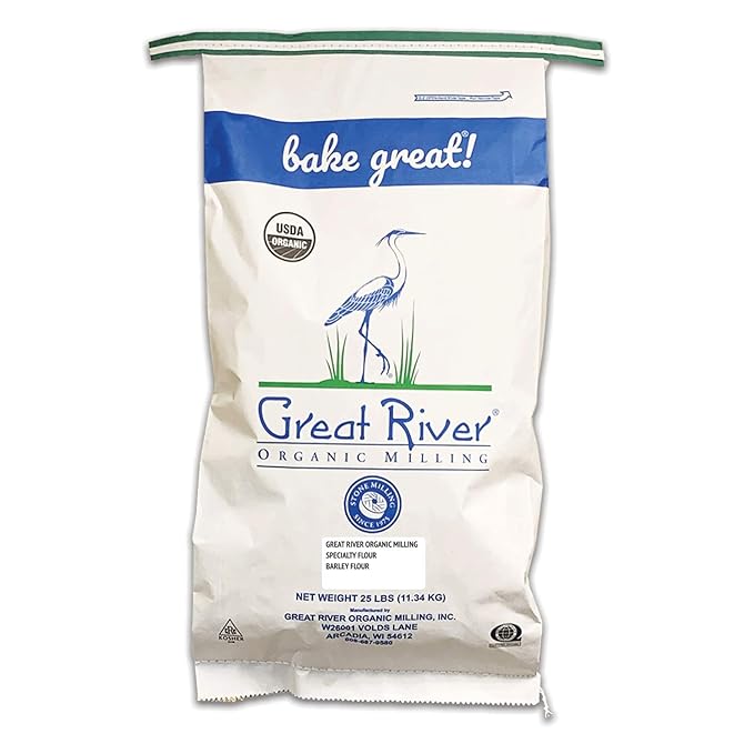 Great River Organic Milling Organic Barley Flour | Unbleached, Unbromated, Non-GMO, Kosher | High Fiber, Nutty Flavor Perfect for Breads, Pancakes, & More | 25 Lb