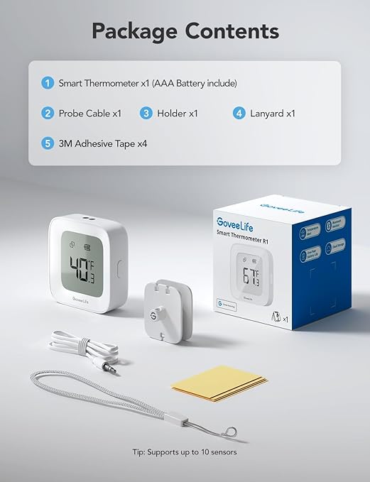 GoveeLife Freezer Thermometer Alarm, Smart Bluetooth Temperature Monitor Sensor for Refrigerator, 197 Ft Connecting Range APP Alert with Anti-False for Freezer (WiFi Gateway Not Included)