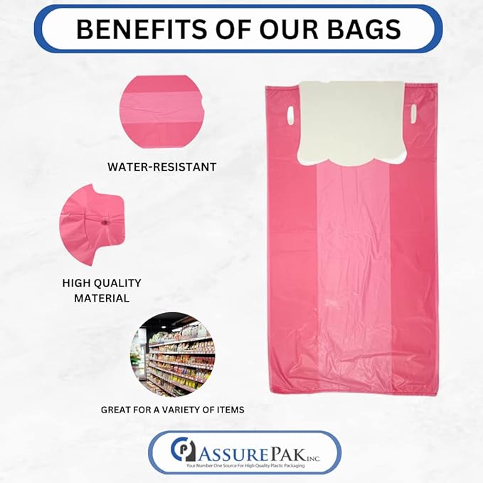 ASSUREPAK Pink HDPE T-Shirt Plastic Bags for Retail, Groceries, Merchandise, Convenience Store, Supermarket, Restaurant - 1/6 BBL, 11.5"X6"X21" - Pack of 1000 Bags, 13 Microns - Unprinted (Pink)
