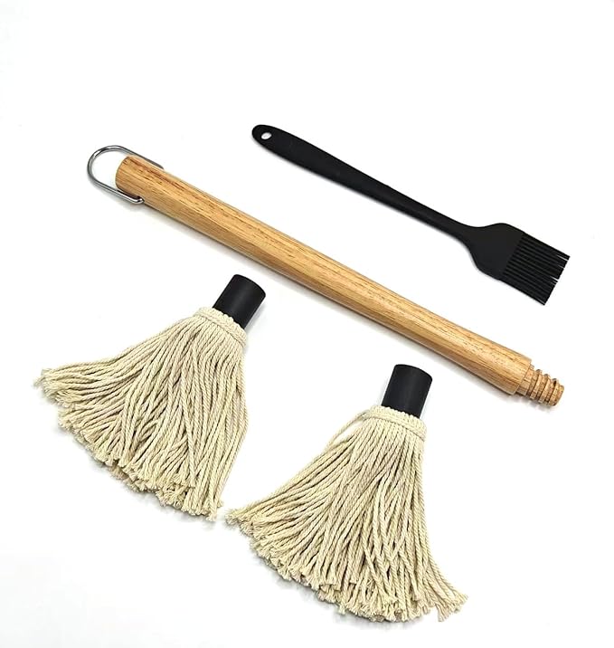 Basting Mop Brush 15.5" for BBQ Grilling - Wooden Handle Detachable with 2 Replacement Heads &Silicone Brush - Grill Tools for Outdoor Cooking, Camping, Smoking