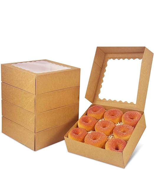 qiqee 8x8x2.5 Inch Brown Pastry Box With Window Donut Pie Boxes 12pcs Bakery Box (Auto-pop Up)
