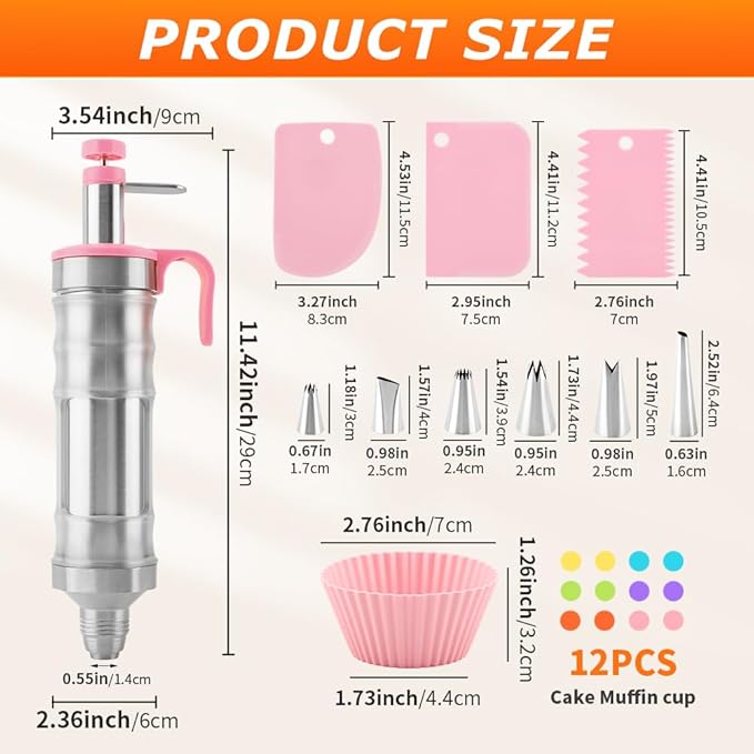 Dessert Decorating Syringes Set, Frosting Piping Kit Stainless Steels Cake Decorating Tool with 6 Piping Tips & 12 silicone cupcakes, Frosting Filling Injector Cake Icing Tools