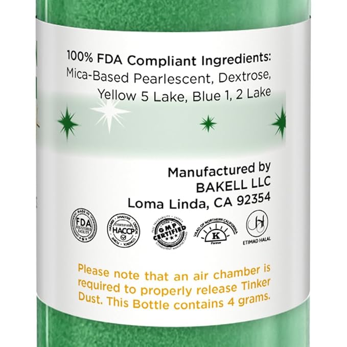 Bakell - Classic Green Tinker Dust (4g, 1x Mini Spray Pump) Edible Glitter for Food, Desserts, and Beverages!