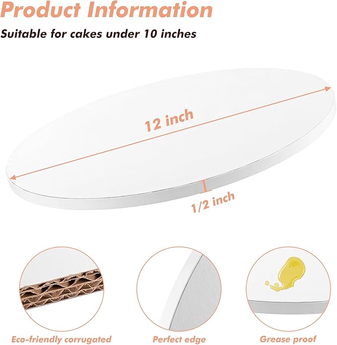 10 Pack Cake Boards 12 Inch Round Cake Drum White 1/2” Thick Cake Drums Corrugated Cardboard Cake Base for Multi-Layer Cakes Sturdy Cake Decorating Supplies