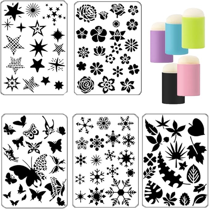 Stencils for Painting Set 5 Pcs Painting Stencils Leaves Flowers Butterflies Snowflakes Stars Stencils for Crafts 5 Pcs Finger Painting Sponge for Art DIY Craft Card Gift Tags and Scrapbooking