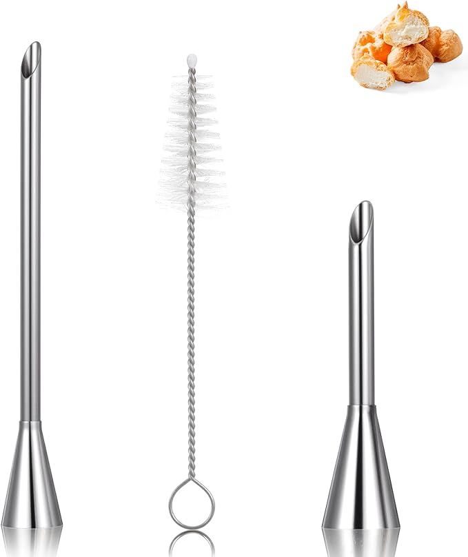 3 Pcs Cream Icing Piping Nozzle Tips,Stainless Steel Long Cream Nozzle Decor,Small Pastry Icing Piping Decorating Tools + Decorating Cleaning Brush for Decoratings Cake and Filling Pastry