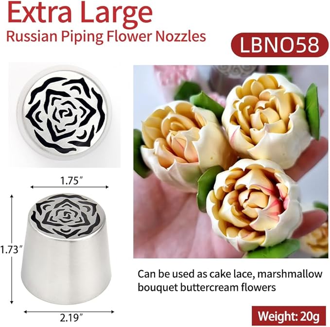 Extra Large Russian Piping Tip Set - 6 Stainless Steel Marshmallow Buttercream Framing Nozzles for 3D Roses Tulip Cake Decorations and Marshmallow Bouquets, Includes 1 Cleaning Brush(6G)