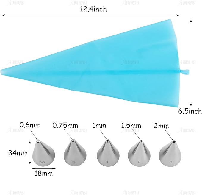 AUEAR, Cake Decorating Sugar Cookie Piping Tips 5 Writing Tube 1 Coupler 1 Silicone Pastry Bag (7 Pack)