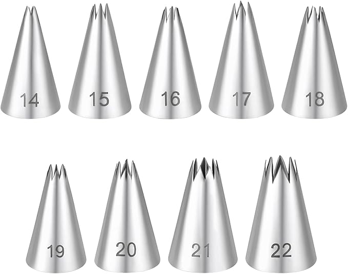 9Pcs Stainless Steel Piping Tips Set, French Star Tube Frosting Nozzle, Open Icing Tips, Cake Decorating tips for Cupcakes, Cookies, Cakes (Small Size)