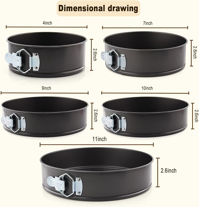 Springform Cake Pan Set of 5, Non-stick Cheesecake Pan with Removable Bottom, Circle 5 Tiered 4" 7" 9'' 10''11inch Spring form Pans for Baking