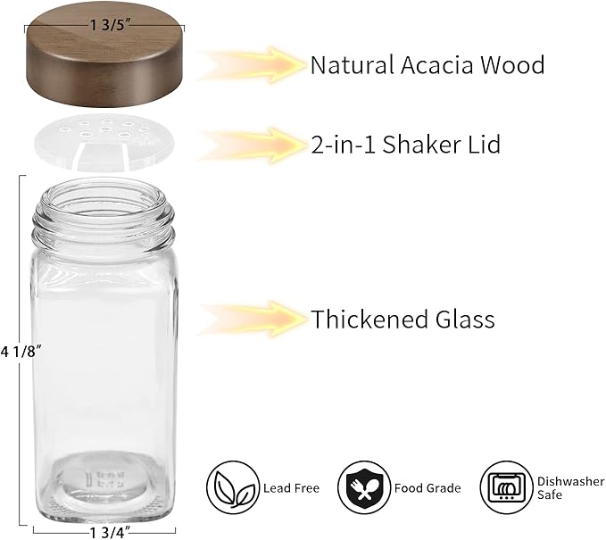 ZEHIQ 12Pcs Glass Spice Jars with Acacia Wood Lids, 4 oz Square Seasoning Containers with Labels, Seasoning Jars with Shaker Lids, Chalk Pen, Funnel, Cleaning Brush, Spice Bottles for Cabinet, Drawer