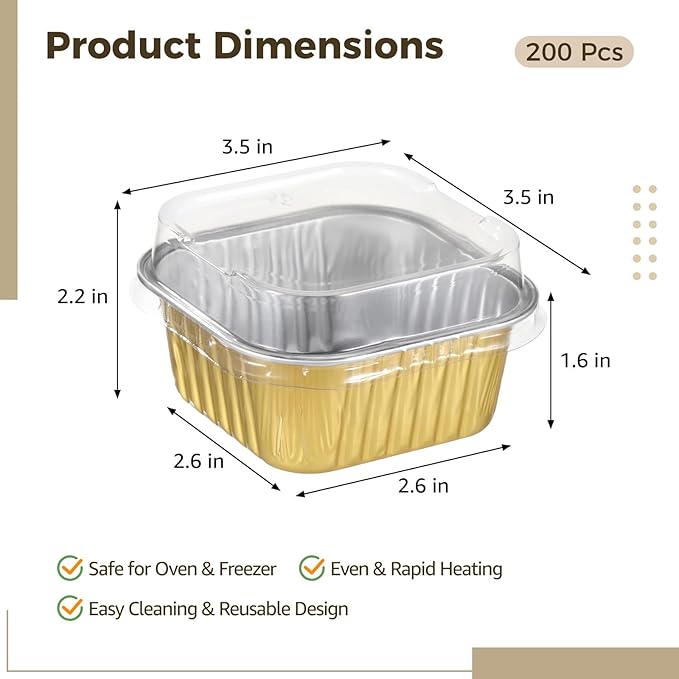 200Pcs Mini Cake Pans, 5 oz Small Cake Containers with Lids, Aluminum Foil Baking Cups, Golden Square Dessert Boxes, Cupcake Pans for Parties and Catering, Oven and Freezer Safe