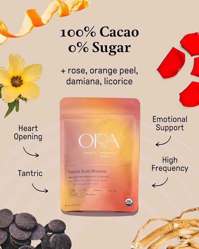 ORA Ceremonial Cacao - Tantric Rose Blossom - Organic 100% Cacao with Rose Petals & Damiana - Ethical - High Flavanol - Unsweetened - Heavy Metals Tested - 8oz