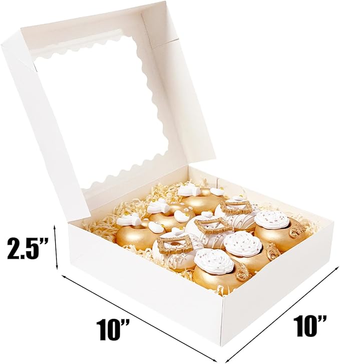 Bakepacker 36pcs White 10x10x2.5 inches Easy Assemble Macaroon Cookie Boxes Bakery Boxes with Window (Auto-pop Up)