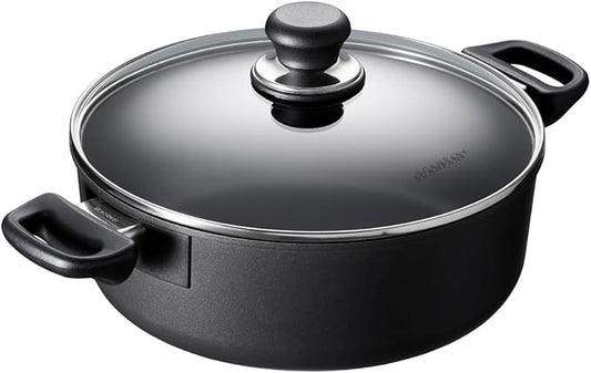 Scanpan Classic 4 1/2 Qt Nonstick Covered Low Sauce Pot – Metal Utensil Safe, Dishwasher & Oven Safe to 500°F, Works on Gas & Electric Stovetops, Black