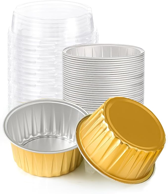 25PCS Round Mini Loaf Pans with Lids,Mini Cake Pans with Lids,Disposable Ramekins Baking Cups Muffin Tins Cupcake Cups for Wedding Birthday Party,5oz (Gold)