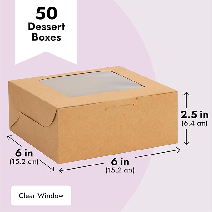 Juvale Cookie Boxes with Window - 50-Pack 6x6x2.5 in, Brown Paperboard - Bakery Boxes for Cookies, Cupcakes & Muffins