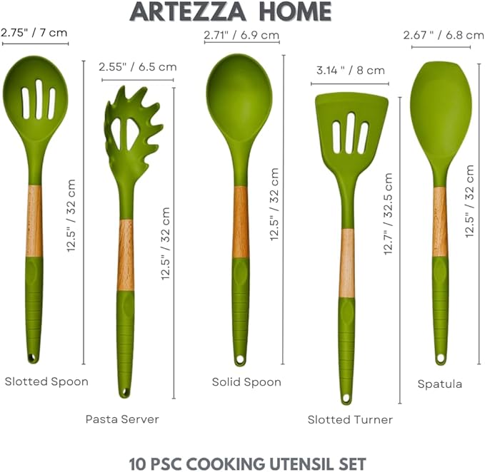 Premium Silicone Kitchen Utensil Set –10-Piece Cooking Tools with Wooden Handles and Bamboo Holder, Nonstick Safe, Heat Resistant, BPA-Free, Gift for Home or Housewarming (Green Set -10pcs)