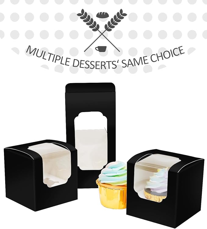 qiqee Black Cupcake Boxes Individual Cupcake Container 100pcs 3.5" x 3.5" x 3.5" Auto-Pop up Single Cupcake Boxes(100 Boxes+100 Inserts)