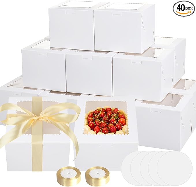 40pcs 6x6x5 Inch Mini Cake Boxes with Cake Boards Small Bakery Boxes with Window 6 Inch Bento Cake Box for Cookie Pastry Wedding Birthday Party Christmas (20 Boxes and 20 Boards, White)