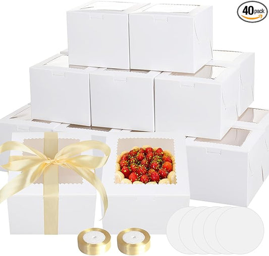 40pcs 6x6x5 Inch Mini Cake Boxes with Cake Boards Small Bakery Boxes with Window 6 Inch Bento Cake Box for Cookie Pastry Wedding Birthday Party Christmas (20 Boxes and 20 Boards, White)