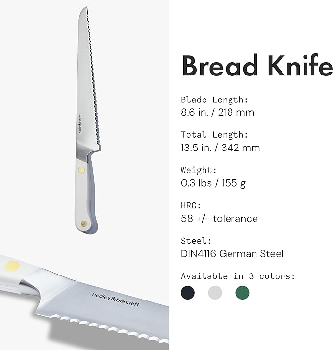 hedley & bennett Bread Knife - 8.6 Inches German High Carbon Stainless Steel, Ultra Sharp Serrated Blade for Homemade Bread, Cakes & Pastries - Enoki (White)