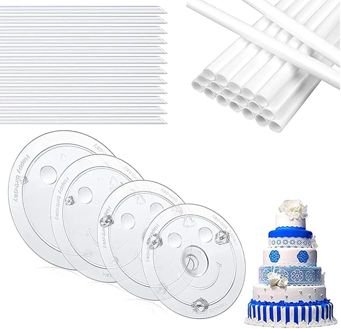 28-Piece Dowel Rods Set Includes 12 White Plastic Rods and 4 Separator Plates For 4, 6, 8, 10 Inch Cakes