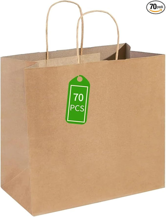 PAICUIKE 70Pcs Large Brown Paper Bags with Handles, 13x7x13 Inch Gift Bags for Business, Shopping, Party, Wedding & Birthday | Natural Brown Kraft Bags for Retail, Merchandise & Events
