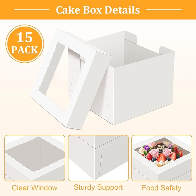 15 PCS Cake Boxes 12 Inch, 12x12x10 Tall Cake Box, 12 Inch Cake Box with Window, White Bakery Boxes, Large Baking Boxes, Cajas Para Pasteles, 12x12 Cake Boxes for Birthday, Wedding, Party, Business