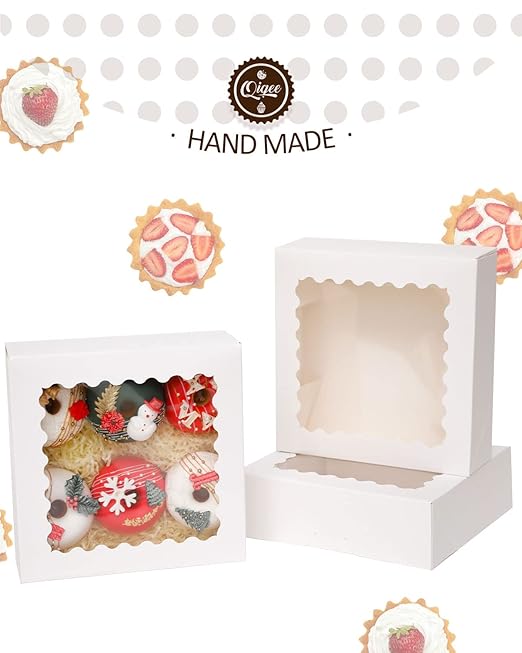 qiqee Auto-pop up 50 Packs Bakery Box With Window 8x8x2.5 inch White Pie Boxes Pastry Box