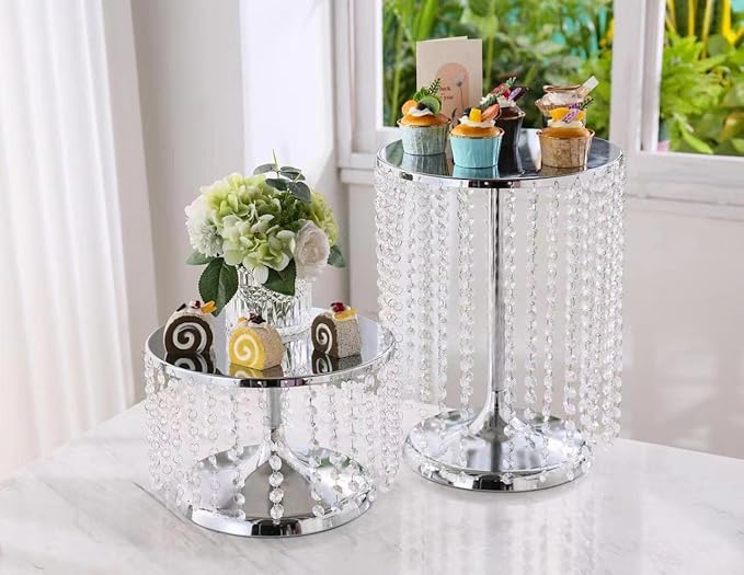 LANLONG Cake Stand for Dessert Table 10 Inch Silver Crystal Pendants Metal Cake Stand Serves as A Round Dessert Cupcake Display Plate for Table, Wedding, Party, Event