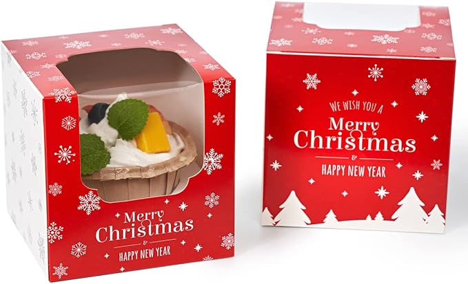 Happyhiram Christmas Cupcake Boxes 200 Pcs Bulk, Individual Cupcake Box Red and White with Nnsert and Window for New Year and Holiday for Ornament Gift Boxes Cocoa Bombs Packaging for Party Favors