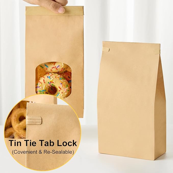 Ocmoiy 100Pcs Medium Bakery Cookie Bags with Window, 4.5x2.36x9.6 Inch Tin Tie Tab Lock Kraft Paper Bags with Thank You Stickers for Cookie, Coffee, Bread