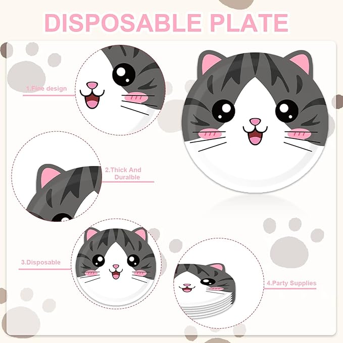 Egami 40pcs Cat birthday Party Decoration,include 20 dessert plate, 20 Napkin,Used for kitten birthday Party Supplies